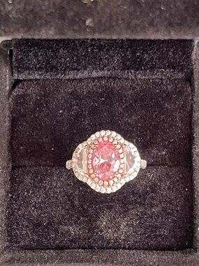 Stunning Double Halo Oval Cut Pink Sterling Silver Engagement Ring. Ring size 4.